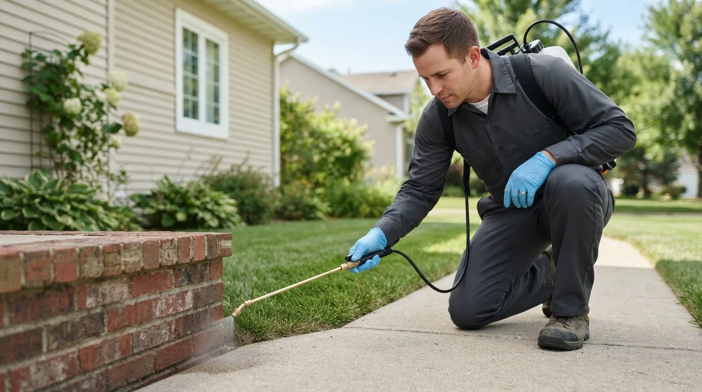 Pest control technician treating a home near North Bloomfield, OH