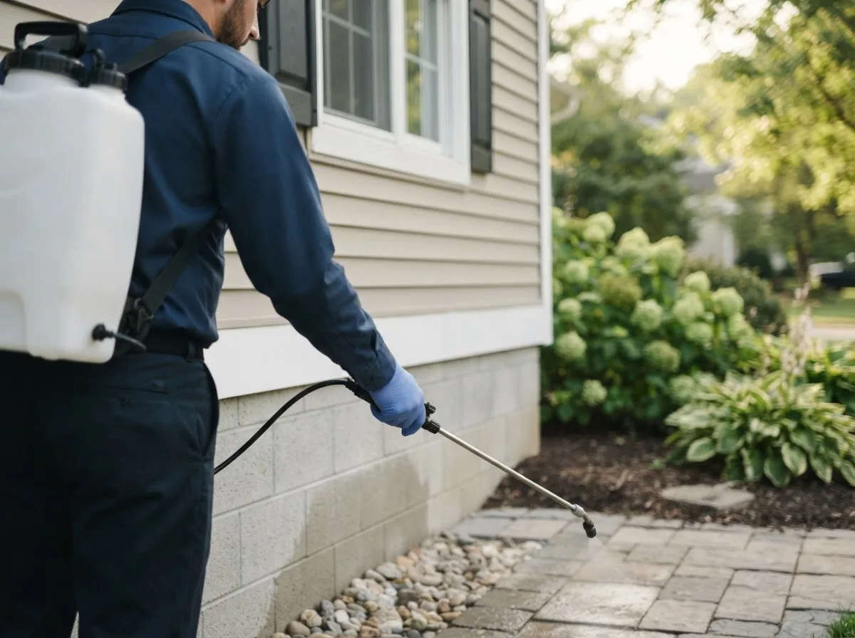 Pest control technician inspecting a home in North Bloomfield, OH